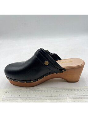 XYD Black Cork Mules Heels Chic Studs Buckle Strap Fasten Closed Round Toe Shoes
